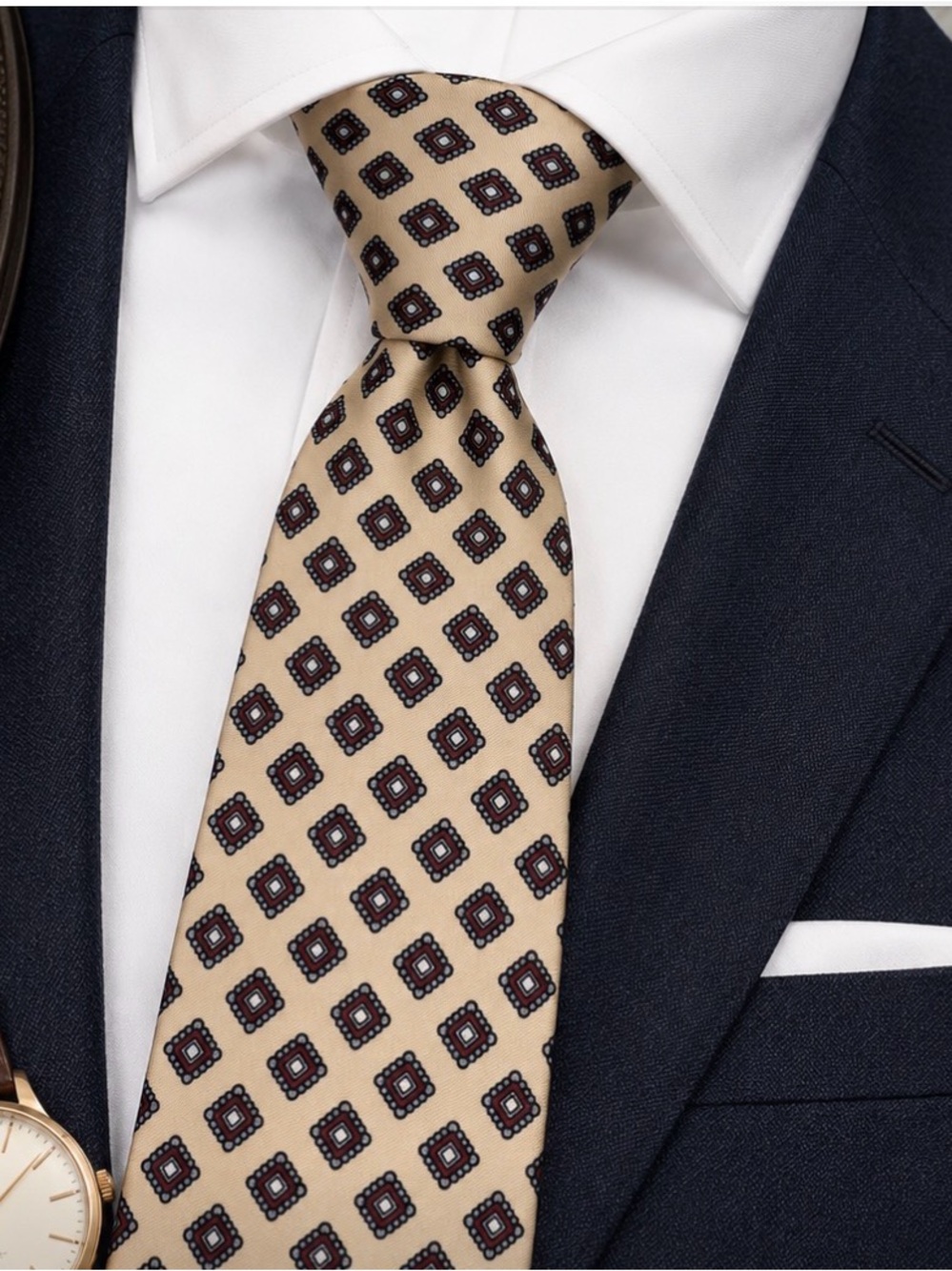 * Christian Dior Monsieur Silk Tie Beige Burgundy Navy Geometric Diamond Print